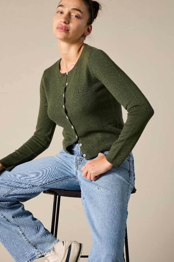 Sonya Hopkins 100% pure cashmere crew cardigan in hunter green