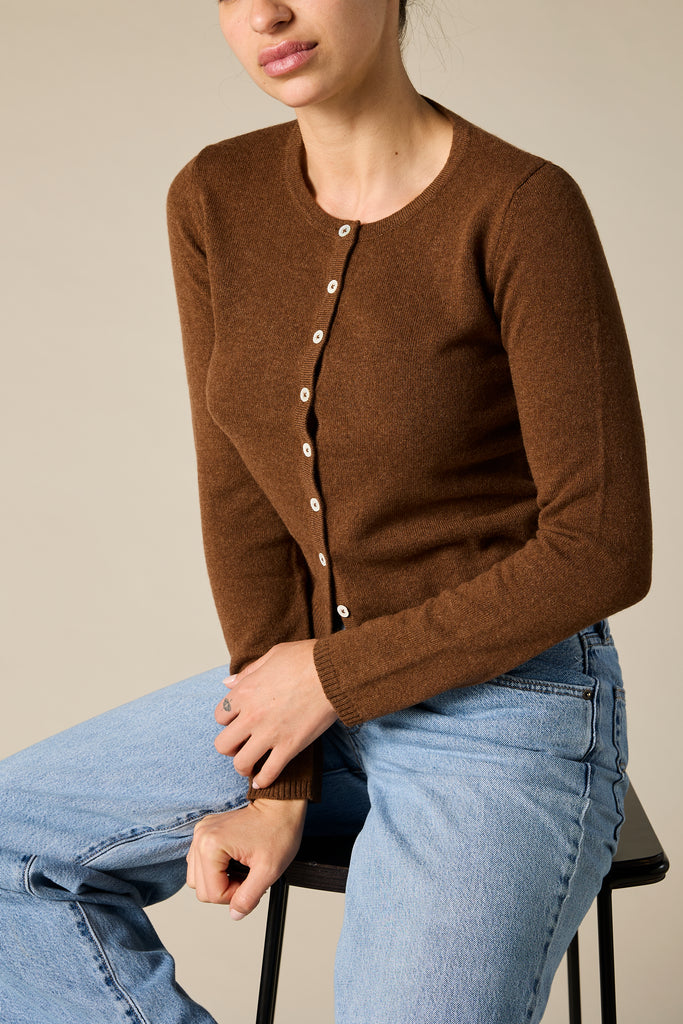 Sonya Hopkins pure cashmere crew cardigan in cinnamon