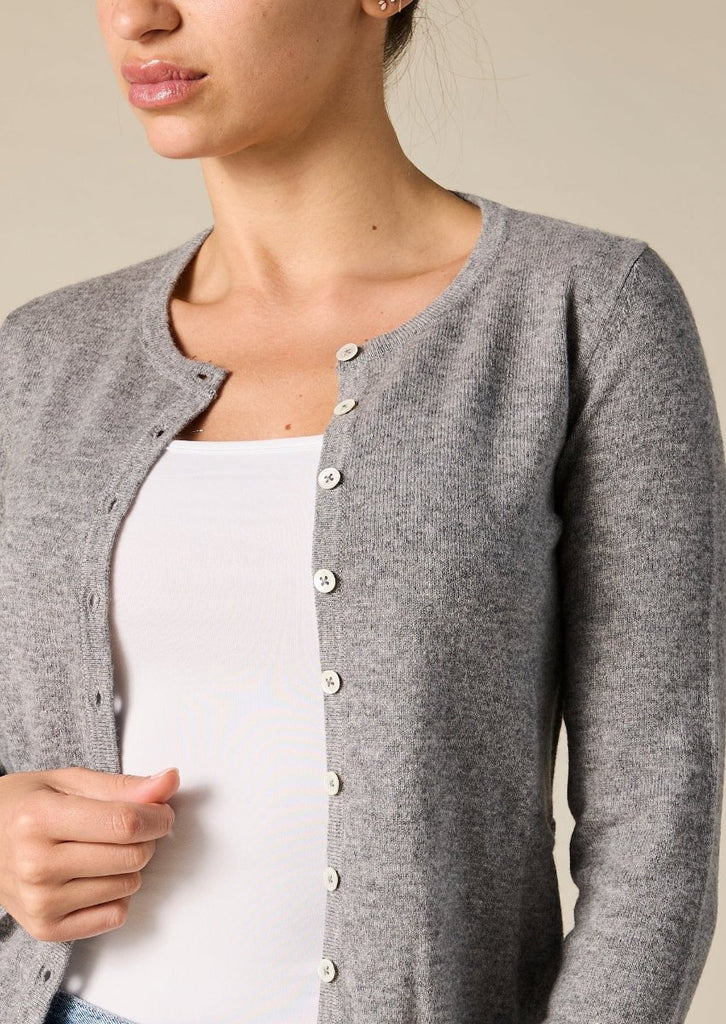 Sonya Hopkins pure cashmere crew cardigan in marle grey