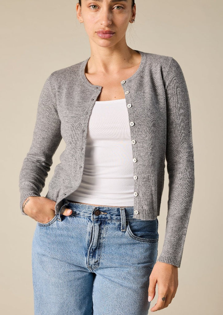 Sonya Hopkins pure cashmere crew cardigan in marle grey