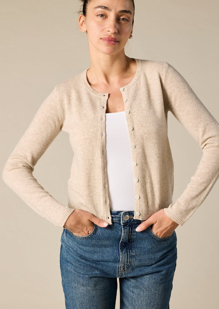 Sonya Hopkins 100% pure cashmere crew cardigan in pale marle beige