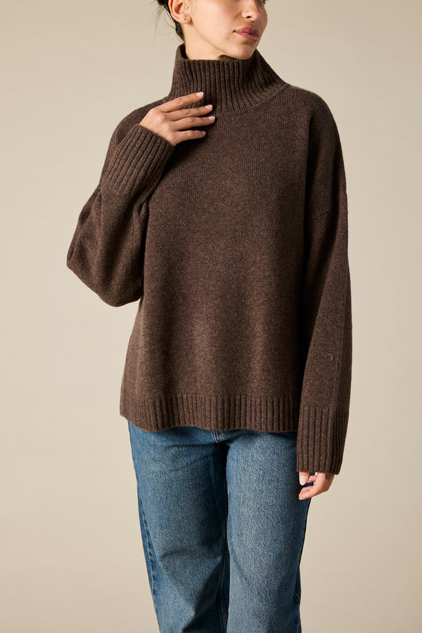 Sonya Hopkins pure cashmere oversized knit turtleneck in woodland marle brown