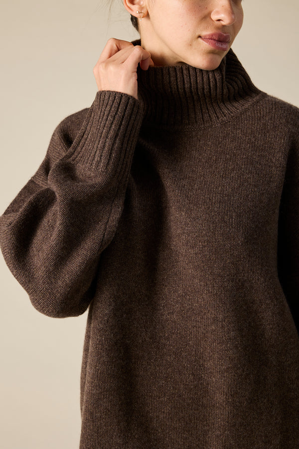 Sonya Hopkins pure cashmere oversized knit turtleneck in woodland marle brown