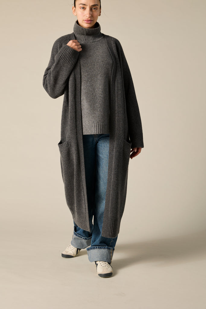 Sonya Hopkins pure cashmere maxi duster long cardigan in Charcoal Grey