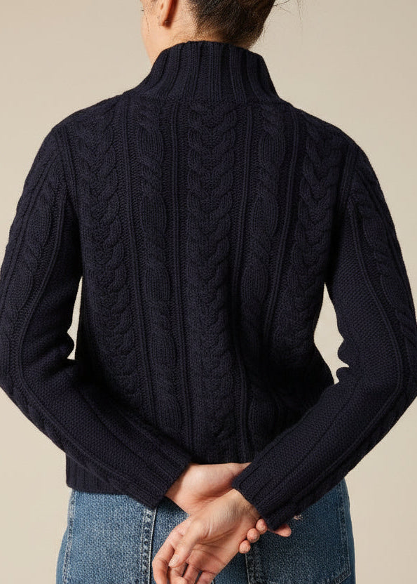 Sonya Hopkins 100% cashmere chunky hand knit cable in ink or dark navy