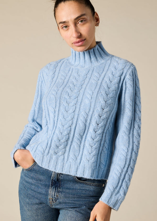 Sonya Hopkins 100% cashmere chunky hand knit cable in stonewash blue