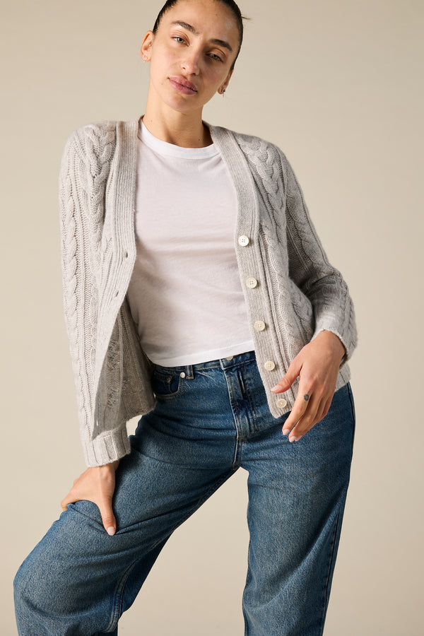 Sonya Hopkins pure cashmere Cashmere Cable knit Cardigan in pale marle grey