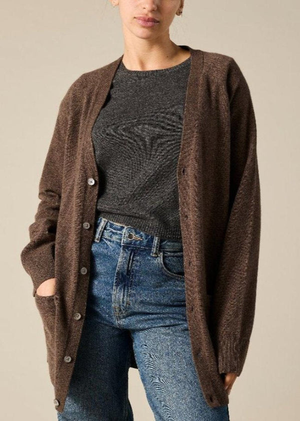 Sonya Hopkins 100% pure cashmere boyfriend cardigan in woodland brown