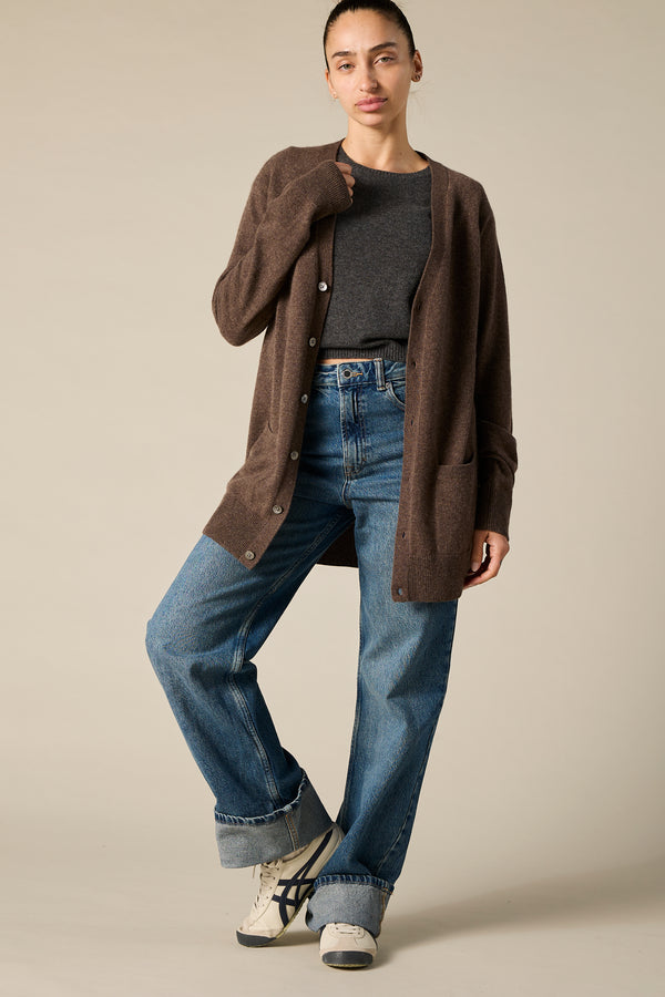 Pure Cashmere Boyfriend Cardigan in Woodland Brown