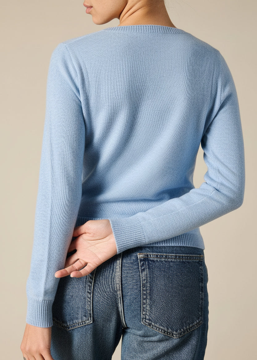 Sonya Hopkins 100% cashmere crew neck in the baby blue