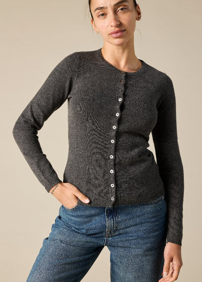 Sonya Hopkins 100% cashmere crew cardigan in dark charcoal grey