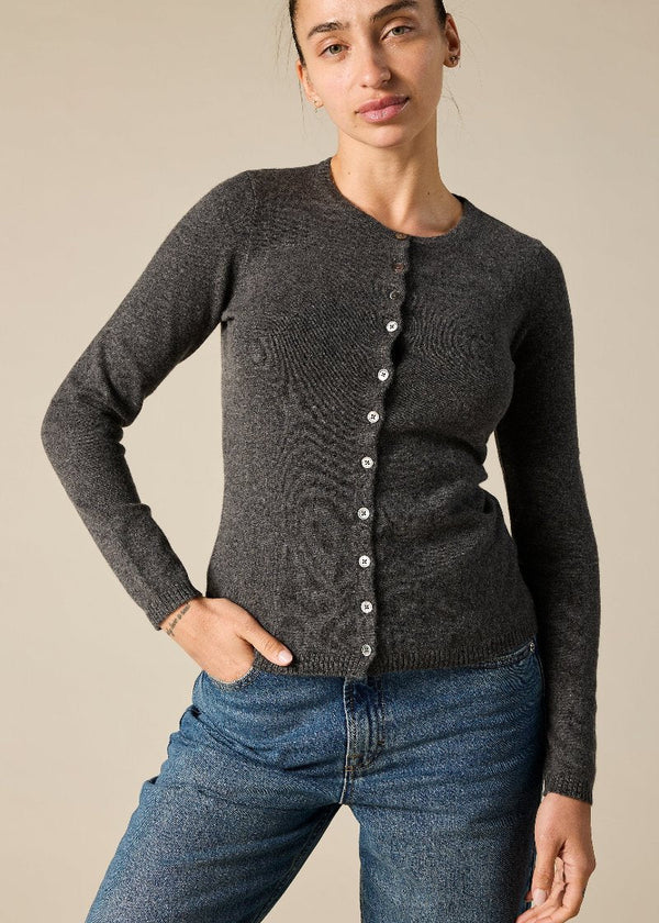 Sonya Hopkins 100% cashmere crew cardigan in dark charcoal grey