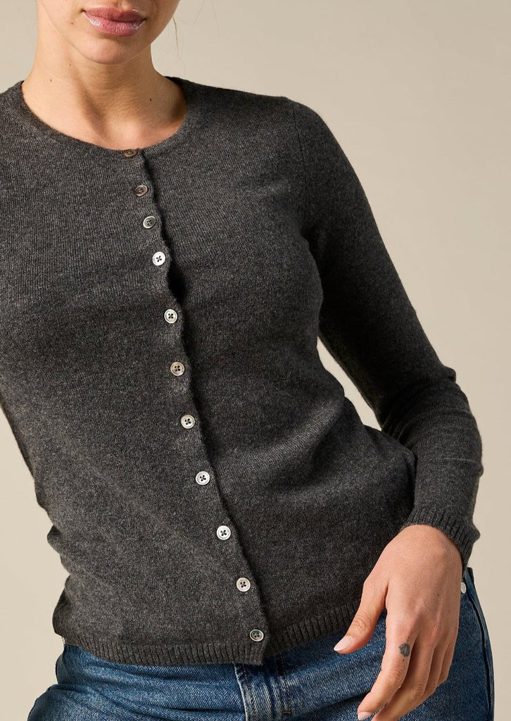 Sonya Hopkins 100% cashmere crew cardigan in dark charcoal grey