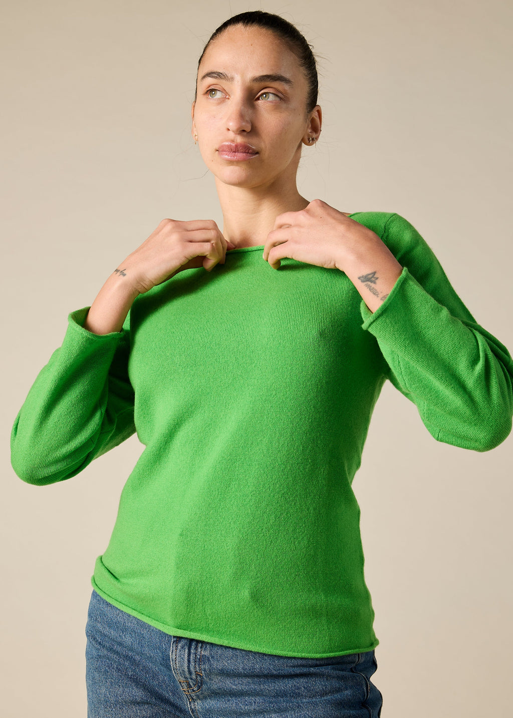 Sonya Hopkins pure cashmere bateau neck in bright green