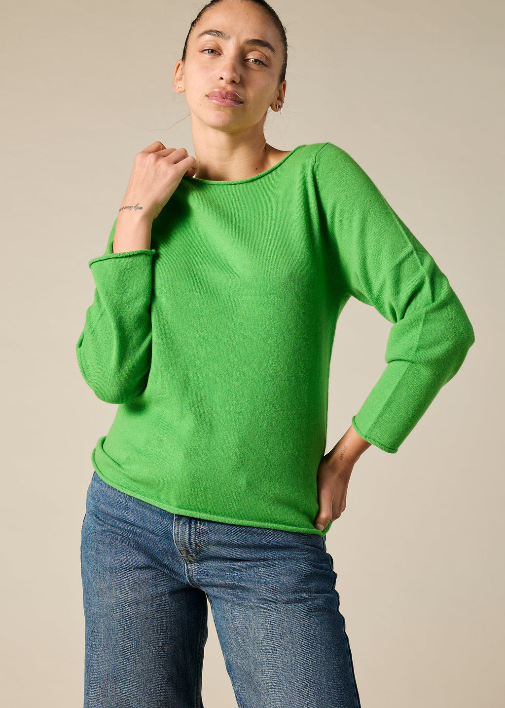 Sonya Hopkins pure cashmere bateau neck in bright green