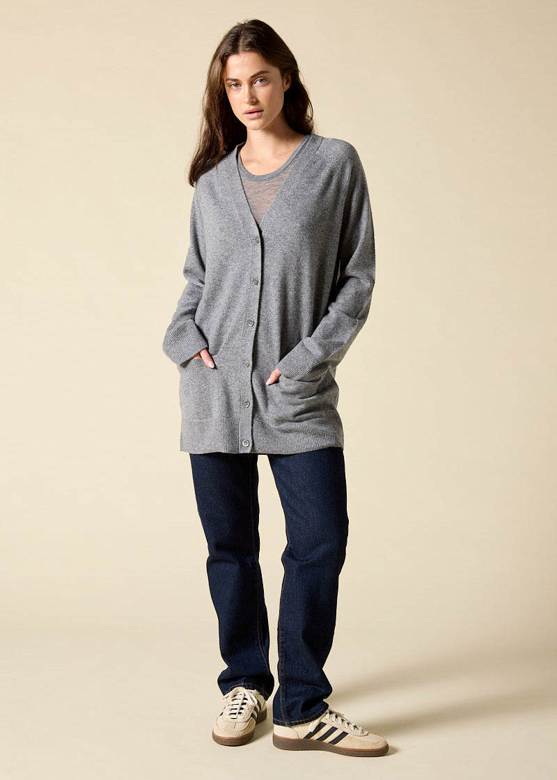 Sonya Hopkins 100% pure cashmere boyfriend cardigan in marle grey