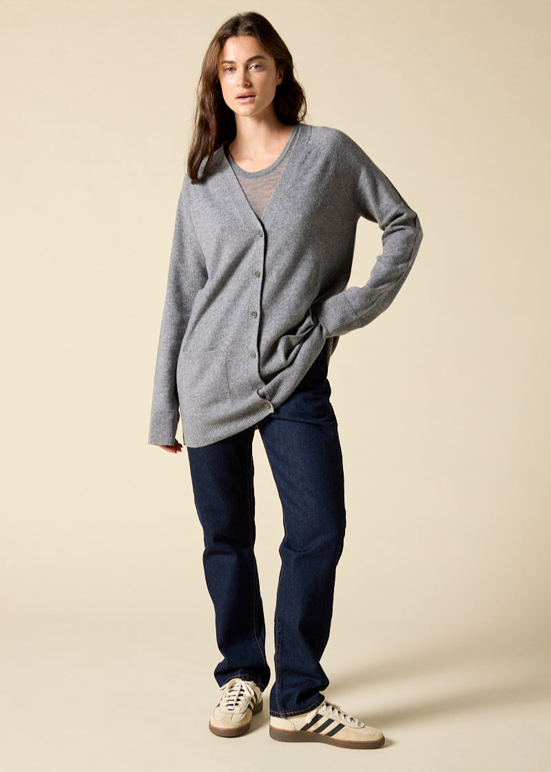 Sonya Hopkins 100% pure cashmere boyfriend cardigan in marle grey