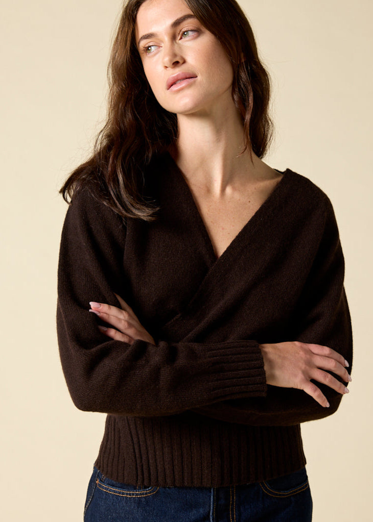 Sonya Hopkins 100% cashmere ballet wrap cardigan in dark chocolate