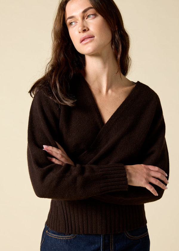 Sonya Hopkins 100% cashmere ballet wrap cardigan in dark chocolate