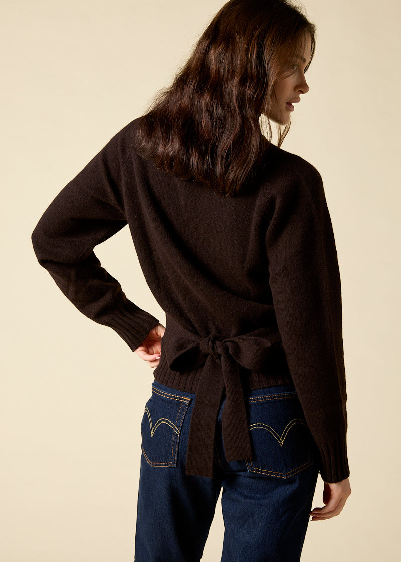 Sonya Hopkins 100% cashmere ballet wrap cardigan in dark chocolate