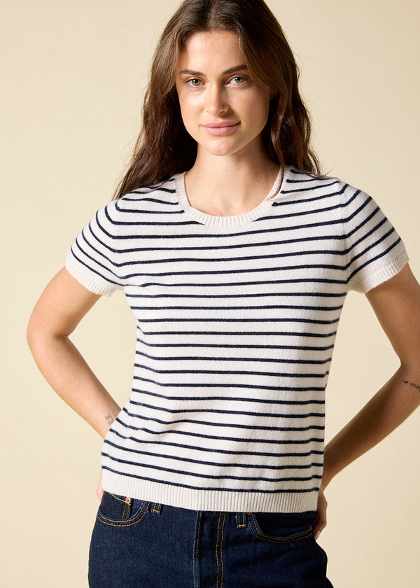 Sonya Hopkins Sydney 100% cashmere tiny t in white + ink stripe