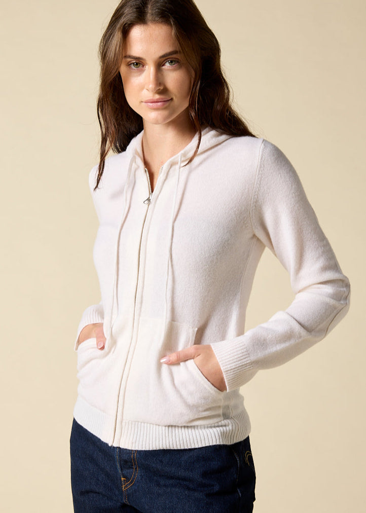 Sonya Hopkins women's 100% pure cashmere hoody in winter white
