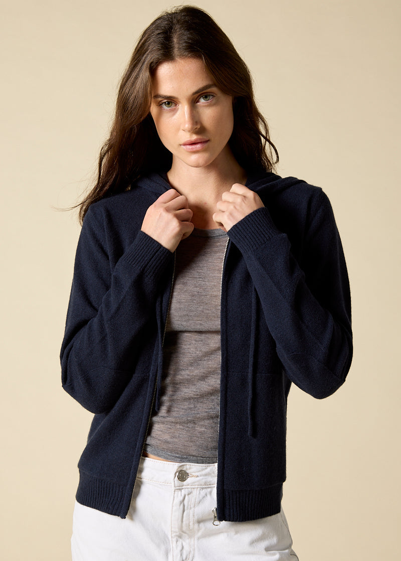 Sonya Hopkins 100% pure cashmere women's hoody in dark navy