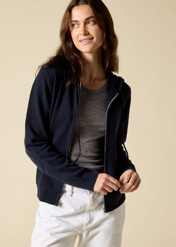 Sonya Hopkins 100% pure cashmere women's hoody in dark navy