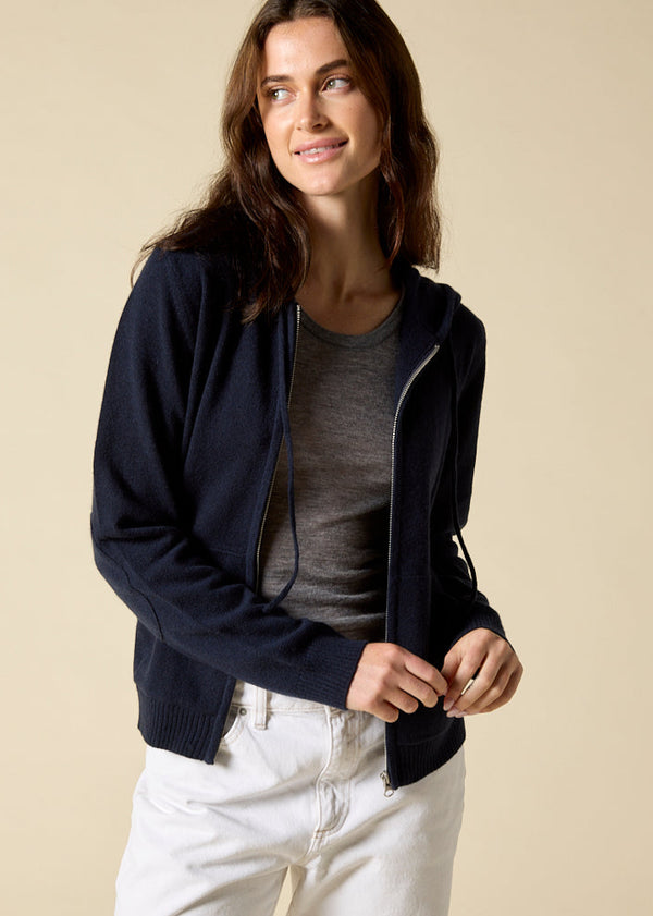 Sonya Hopkins 100% pure cashmere women's hoody in dark navy