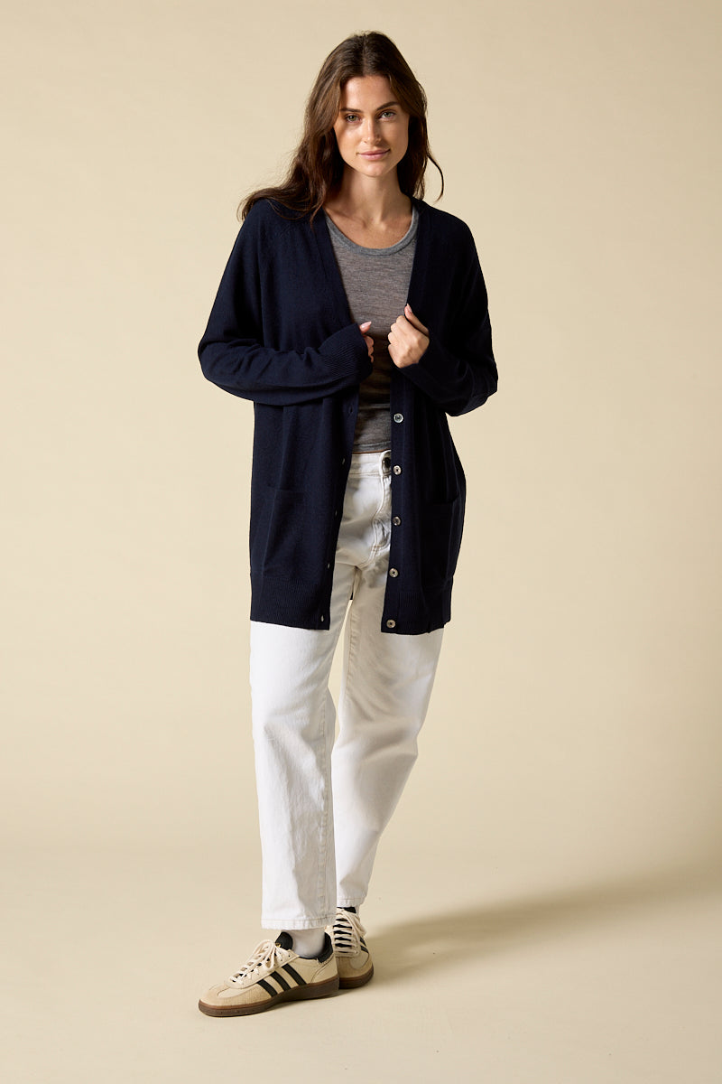 Sonya Hopkins 100% cashmere boyfriend V-neck cardigan in darkest navy or ink