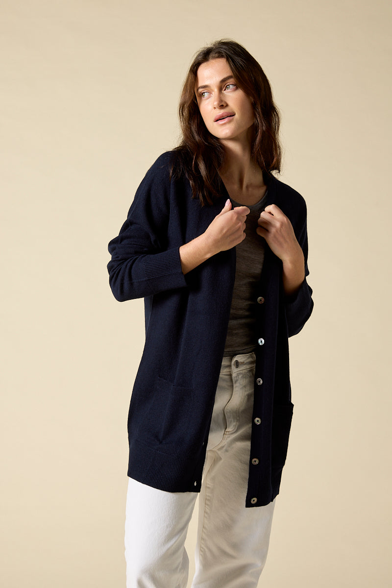 Sonya Hopkins 100% cashmere boyfriend V-neck cardigan in darkest navy or ink