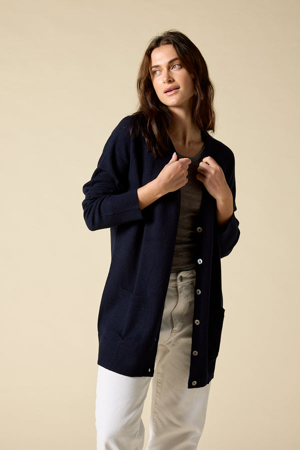Sonya Hopkins 100% cashmere boyfriend V-neck cardigan in darkest navy or ink