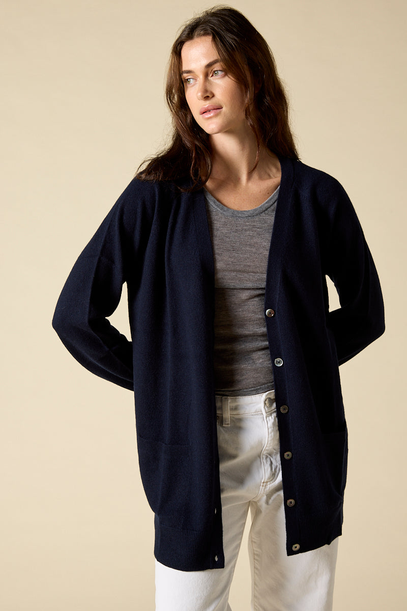 Sonya Hopkins 100% cashmere boyfriend V-neck cardigan in darkest navy or ink