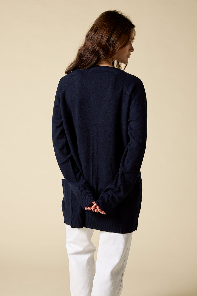 Sonya Hopkins 100% cashmere boyfriend V-neck cardigan in darkest navy or ink