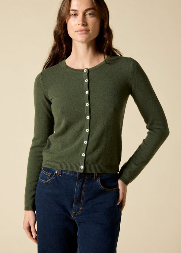 Sonya Hopkins 100% pure cashmere crew cardigan in hunter green
