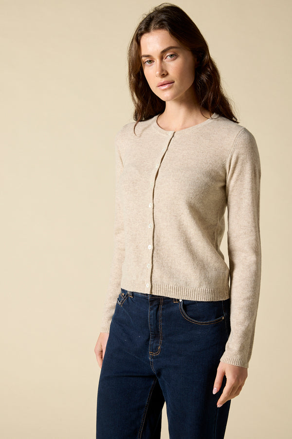 Sonya Hopkins 100% pure cashmere crew cardigan in pale marle beige