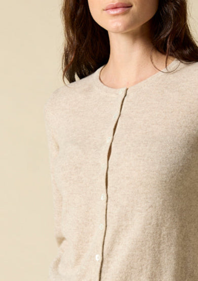 Sonya Hopkins 100% pure cashmere crew cardigan in pale marle beige