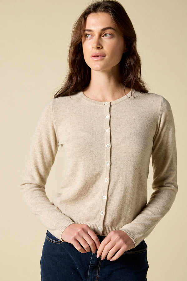 Sonya Hopkins 100% pure cashmere crew cardigan in pale marle beige