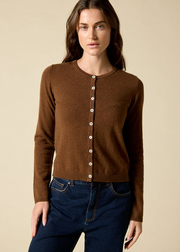 Sonya Hopkins 100% pure cashmere crew cardigan in cinnamon