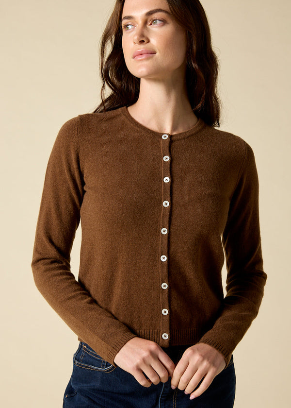 Sonya Hopkins pure cashmere crew cardigan in cinnamon