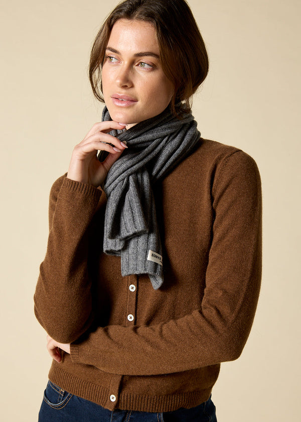Sonya Hopkins 100% pure cashmere rib scarf in charcoal marle grey