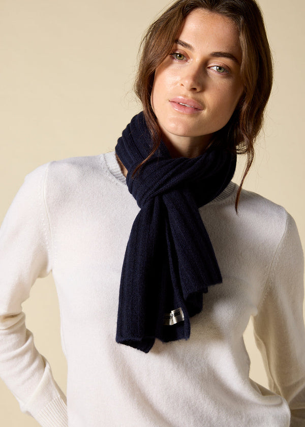 Sonya Hopkins 100% pure cashmere rib scarf in dark navy