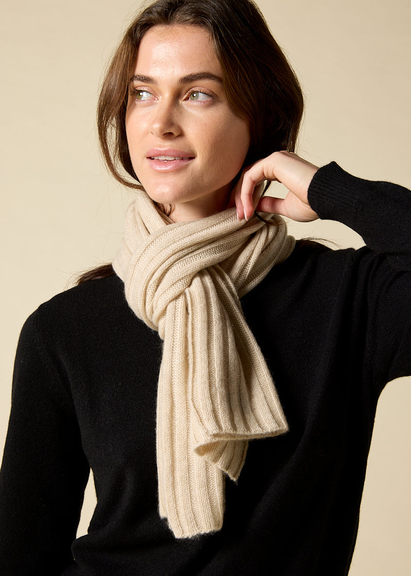 Sonya Hopkins 100% pure cashmere rib scarf in pale marle beige