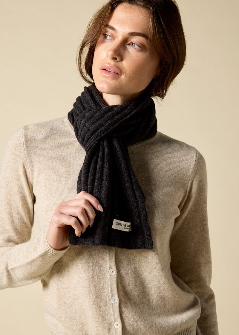 Sonya Hopkins 100% pure cashmere rib scarf in dark charcoal