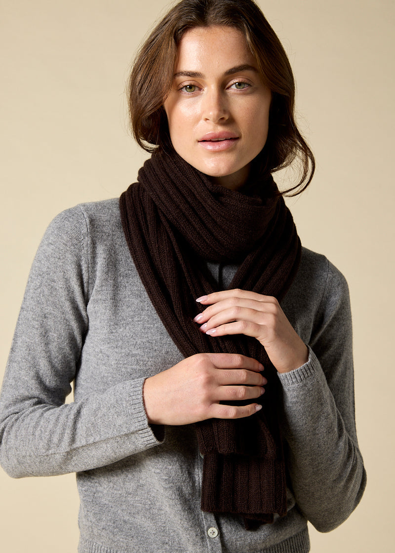 Sonya Hopkins 100% pure cashmere rib scarf in dark chocolate brown