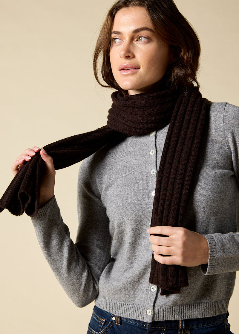 Sonya Hopkins 100% pure cashmere rib scarf in dark chocolate brown