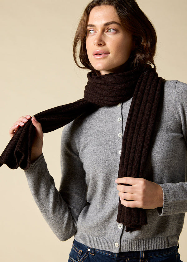 Sonya Hopkins 100% pure cashmere rib scarf in dark chocolate brown