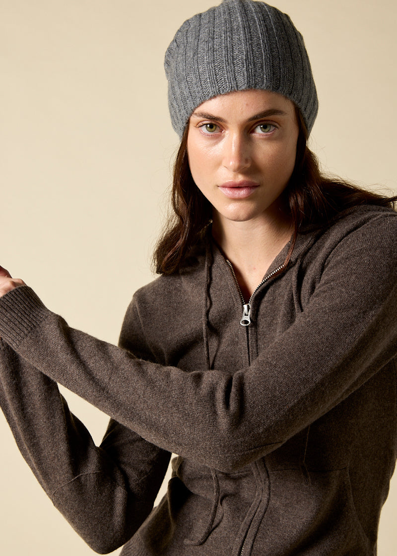 Sonya Hopkins Cashmere Alex Rib Beanie in Charcoal Marle Grey