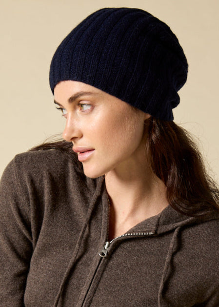 Sonya Hopkins 100% pure cashmere rib beanie in ink