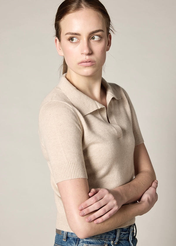 Sonya Hopkins Sydney 100% cashmere polo knit in pale marle beige